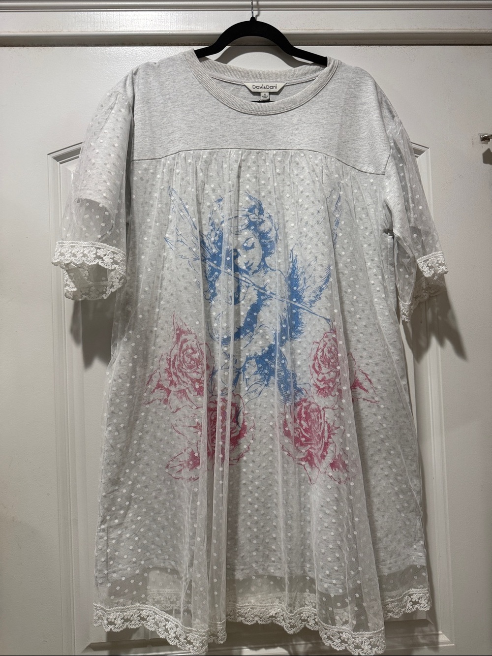 DAVI & DANI Sheer White Dotted Lace Overlay Dress with Blue & Pink Angel Print